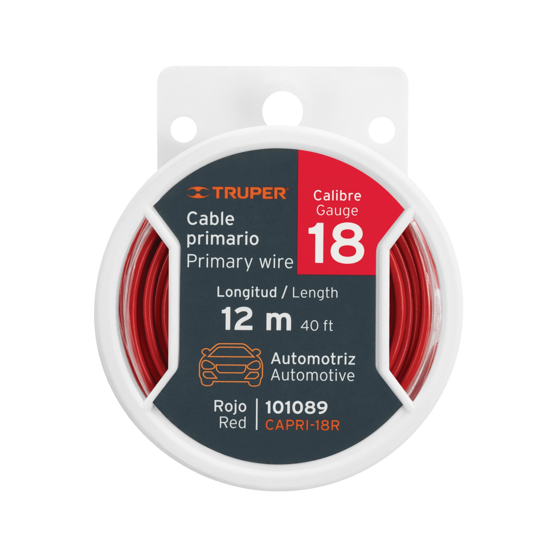 101089 Carrete con 12 m de cable primario rojo calibre 18, Truper