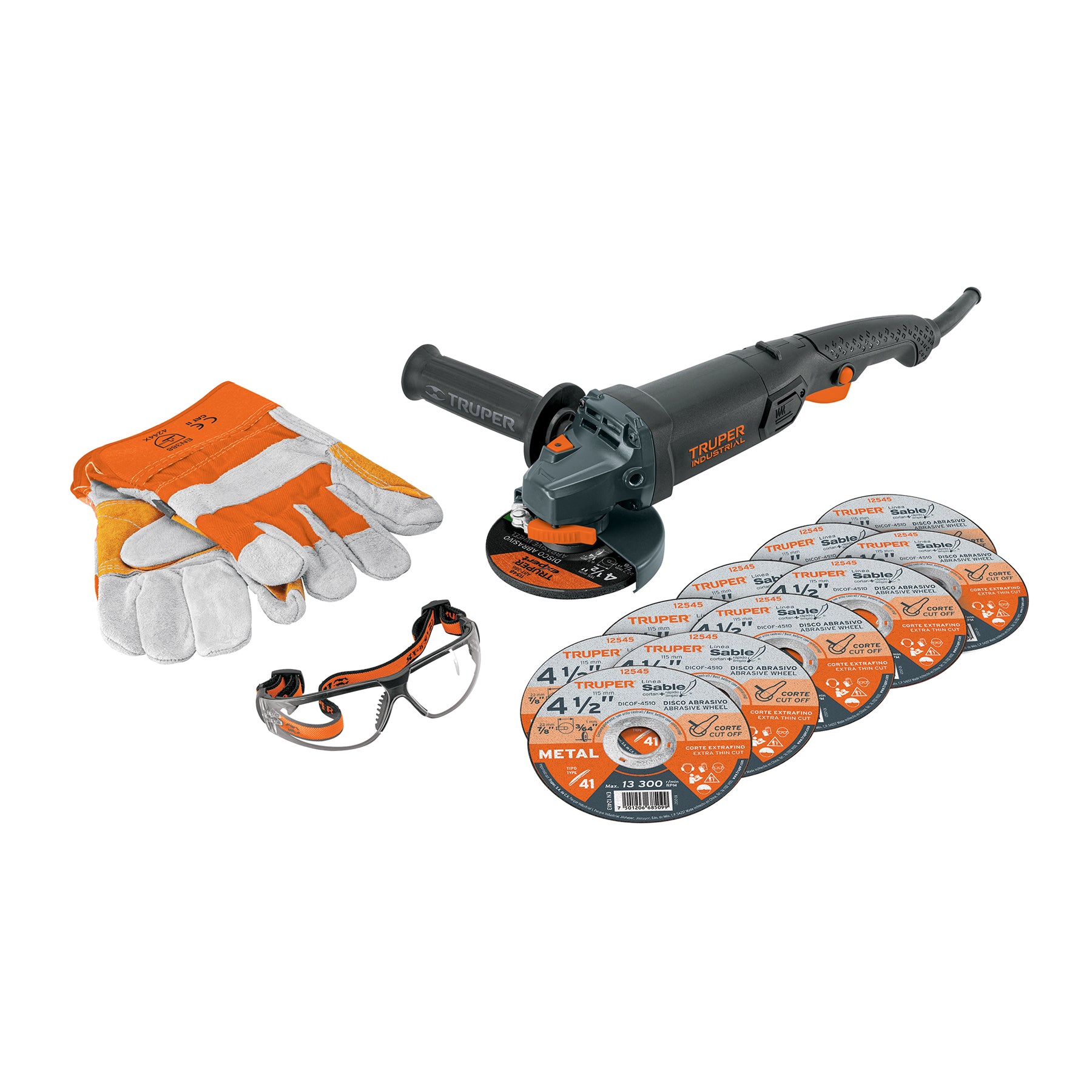 101456 Combo esmeriladora 4-1/2',950W, discos, lentes y guantes,IND