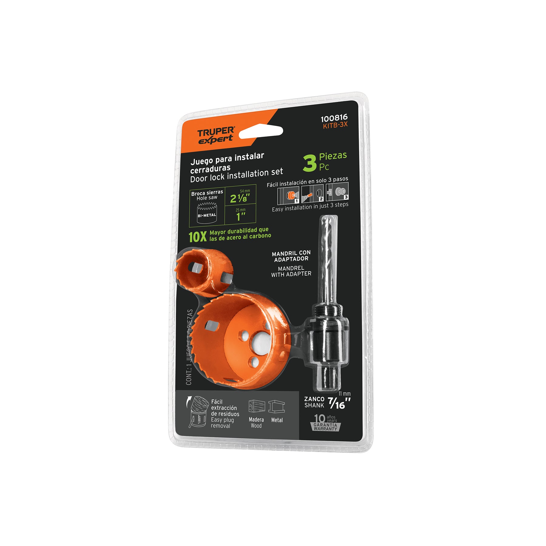 100816 Juego de 3 piezas para instalar cerraduras, Truper Expert